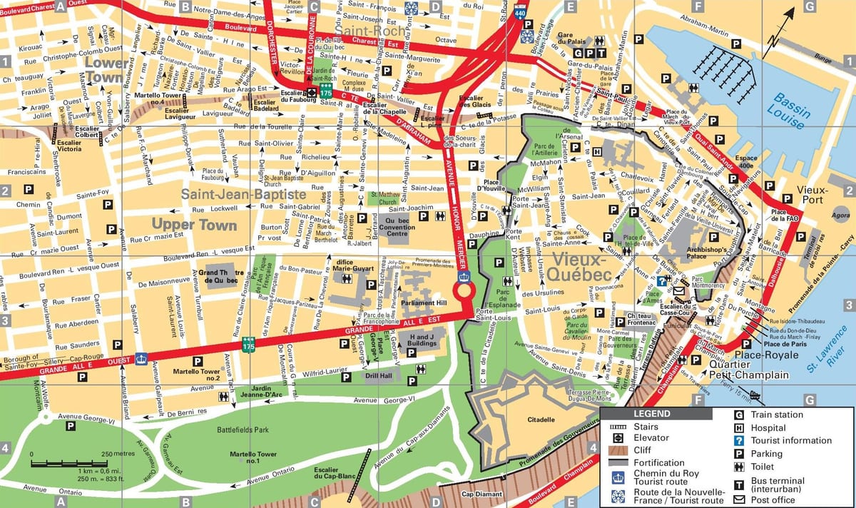 Quebec City nähtävyyksiä kartta
